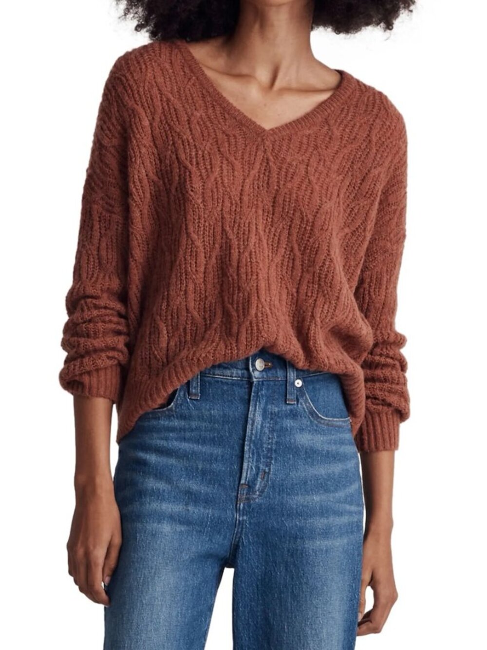 Madewell Alna V-Neck Sweater | Pointelle Stitch Knit | Women's Size Small